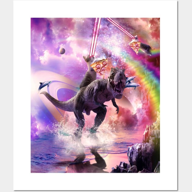 Rainbow Laser Space Cat On Dinosaur Eating Pizza Wall Art by Random Galaxy